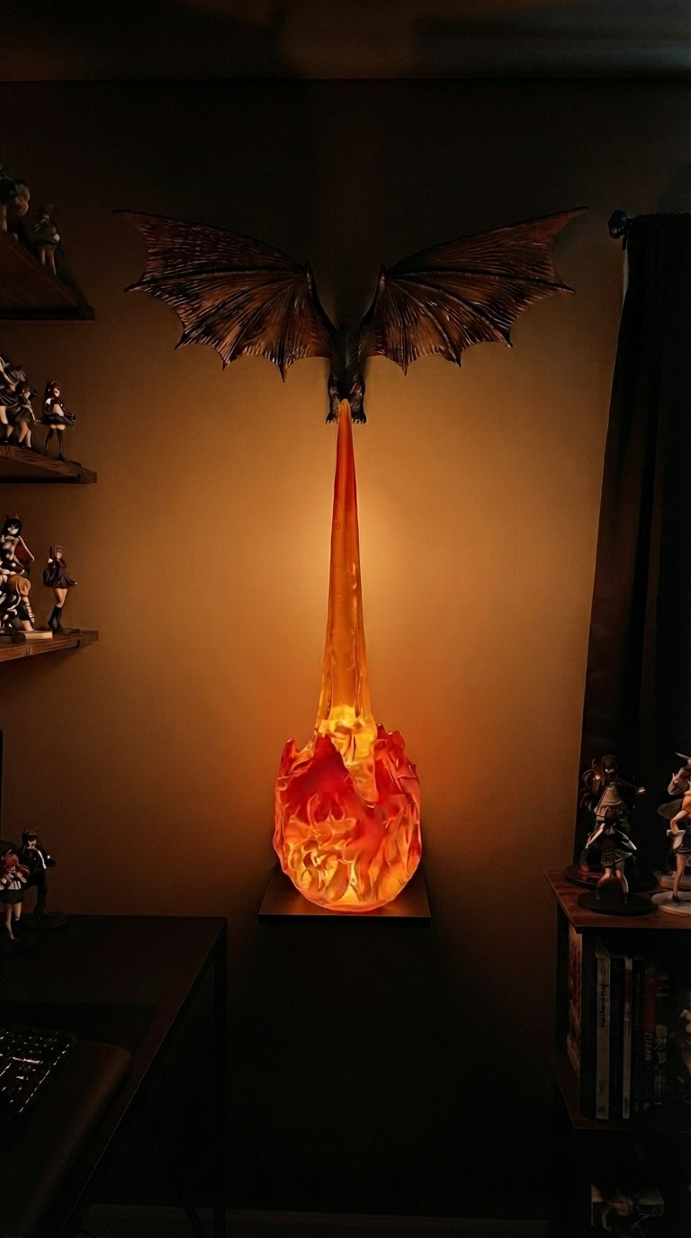 Fire breathing dragon lamp mounted on a wall, lit up in orange