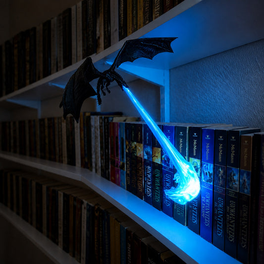 Dragon breath lamp with blue ice flame glowing on a bookshelf at night